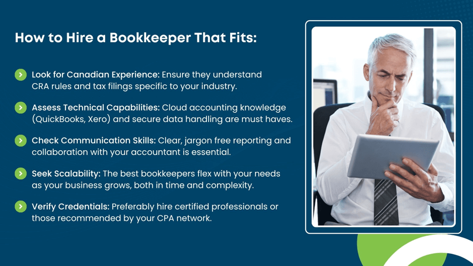 A man with a tablet reviewing tips on how to hire a bookkeeper, focusing on skills and experience.