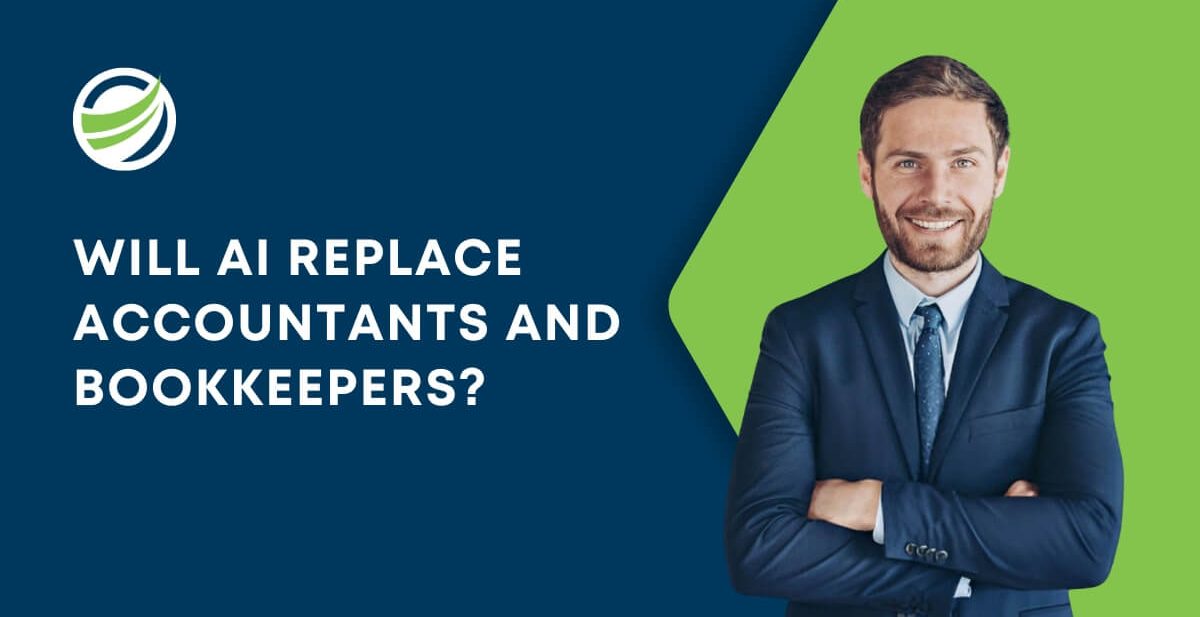 Smiling businessman in a navy suit standing next to the text 'Will AI Replace Accountants and Bookkeepers?
