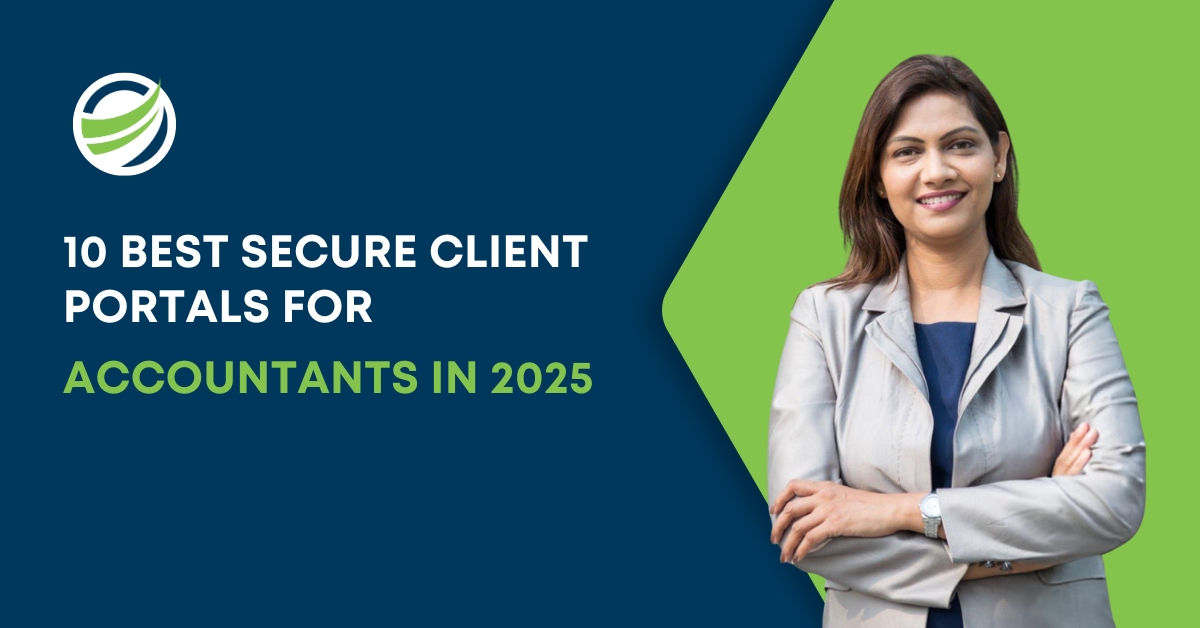Professional businesswoman smiling with folded arms next to text "10 Best Secure Client Portals for Accountants in 2025" on a blue and green background.