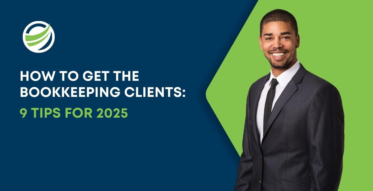 Businessman in a suit smiling beside text "How to Get the Bookkeeping Clients: 9 Tips for 2025".