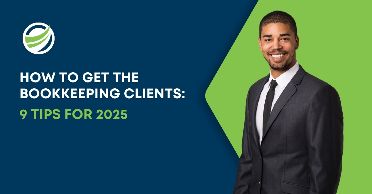 Businessman in a suit smiling beside text "How to Get the Bookkeeping Clients: 9 Tips for 2025".