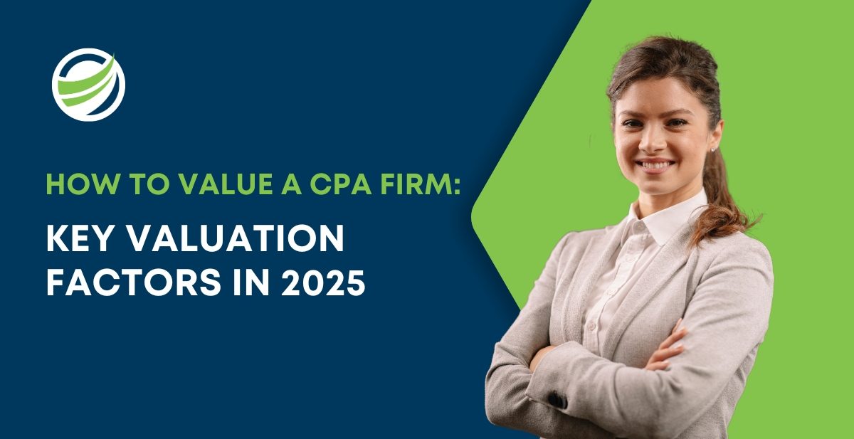 Professional woman smiling with folded arms beside text "How to Value a CPA Firm: Key Valuation Factors in 2025".