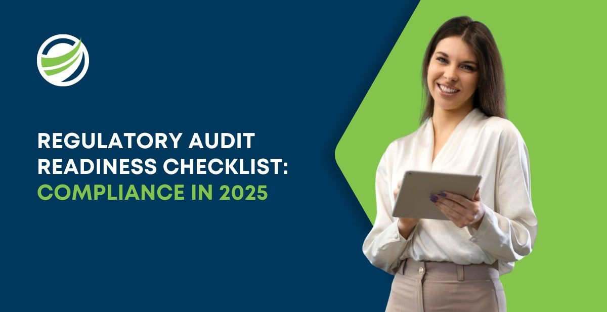 Smiling woman holding a tablet next to text “Regulatory Audit Readiness Checklist: Compliance in 2025.
